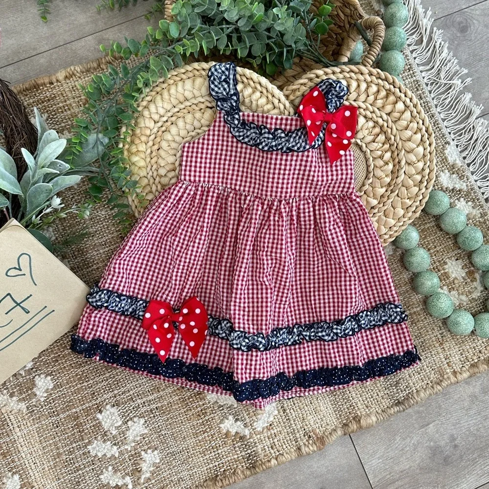 Bonnie Baby Girl’s 4th of July Gingham Dress Red White Blue Ruffle Patriotic